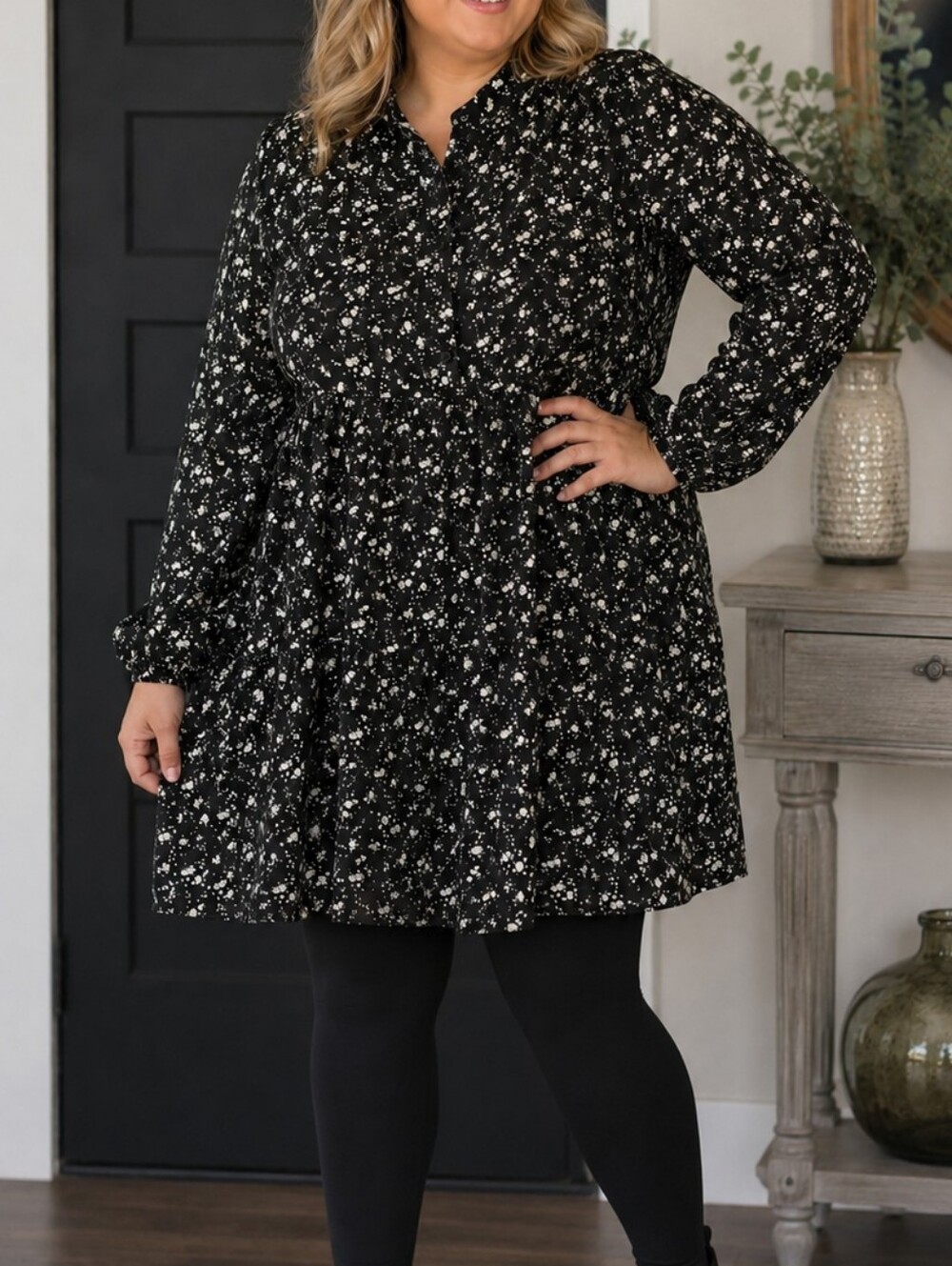 Addition Elle Black Floral Button-Up DRESS